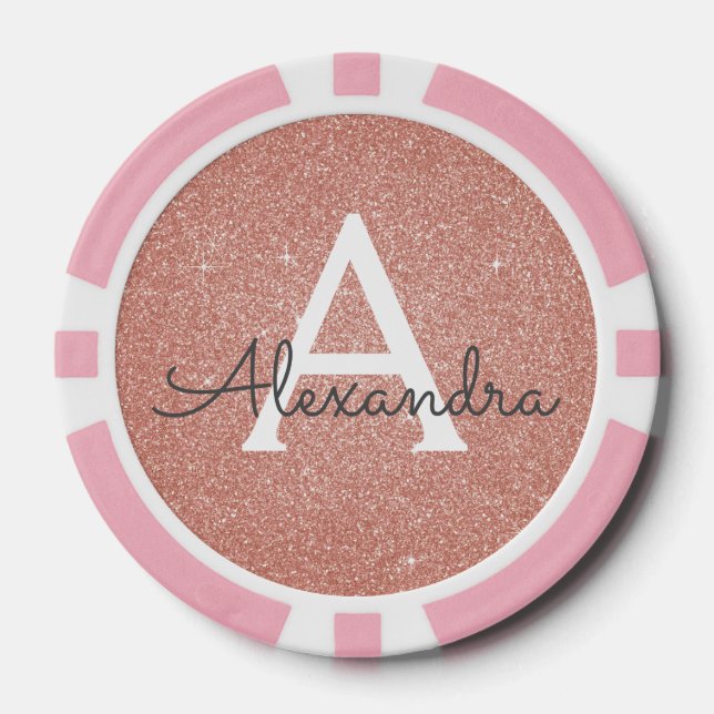 Pink Rose Gold Glitter & Sparkle Monogram Poker Chips (Front)