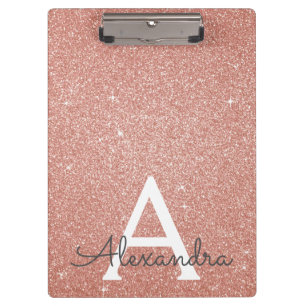 Pink Rose Gold Glitter & Sparkle Monogram School Clipboard