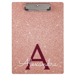 Pink Rose Gold Glitter & Sparkle Monogram School Clipboard