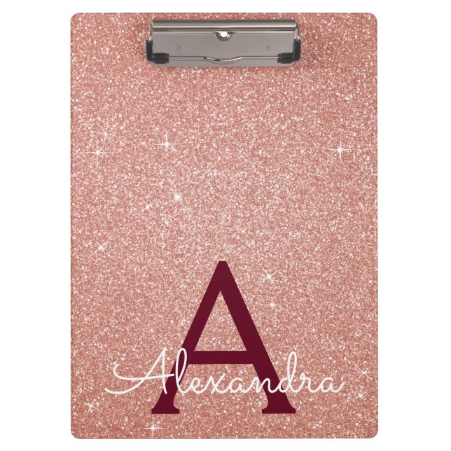 Pink Rose Gold Glitter & Sparkle Monogram School Clipboard (Front)