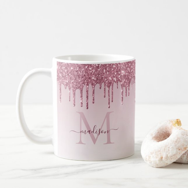 Pink Rose Gold Glitter Sparkle Monogram Script Coffee Mug (With Donut)