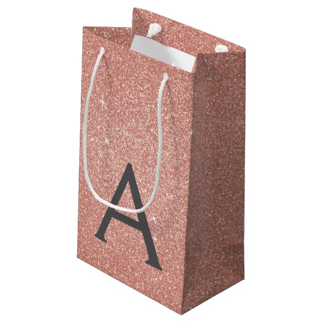 Pink Rose Gold Glitter & Sparkle Monogram Small Gift Bag (Back Angled)