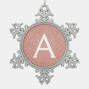 Pink Rose Gold Glitter & Sparkle Monogram Snowflake Pewter Christmas Ornament