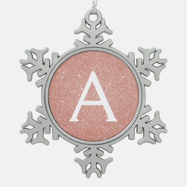 Pink Rose Gold Glitter & Sparkle Monogram Snowflake Pewter Christmas Ornament (Front)
