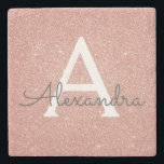 Pink Rose Gold Glitter & Sparkle Monogram Stone Coaster<br><div class="desc">Pink Rose Gold Faux Glitter and Sparkle Elegant Stone Tile. These Stone Tiles can be customised to include your initial and first name and makes a great wedding,  anniversary,  sweet 16 birthday or Christmas gift.</div>