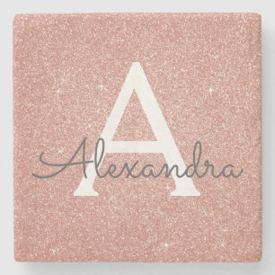 Pink Rose Gold Glitter & Sparkle Monogram Stone Coaster