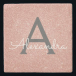 Pink Rose Gold Glitter & Sparkle Monogram Stone Coaster<br><div class="desc">Pink Rose Gold and Charcoal Grey (grey) Faux Glitter and Sparkle Elegant Stone Tile. These Stone Tiles can be customised to include your initial and first name and is a wonderful Sweet 16 Birthday,  Bridal Shower,  Bachelorette Party or Wedding customised and personalised Gift.</div>