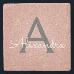 Pink Rose Gold Glitter & Sparkle Monogram Stone Coaster<br><div class="desc">Pink Rose Gold and Charcoal Grey (grey) Faux Glitter and Sparkle Elegant Stone Tile. These Stone Tiles can be customised to include your initial and first name and is a wonderful Sweet 16 Birthday,  Bridal Shower,  Bachelorette Party or Wedding customised and personalised Gift.</div>