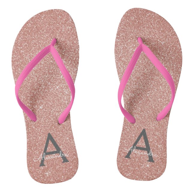 Pink Rose Gold Glitter & Sparkle Monogram Thongs (Footbed)