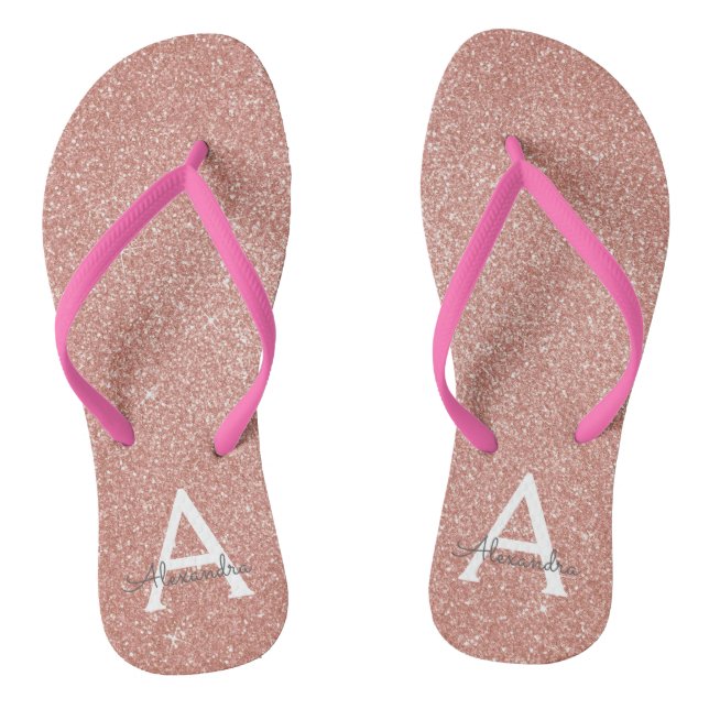 Pink Rose Gold Glitter & Sparkle Monogram Thongs (Footbed)