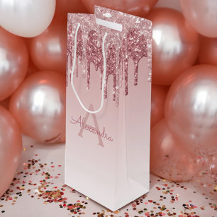 Pink Rose Gold Glitter & Sparkle Monogram Wine Gift Bag