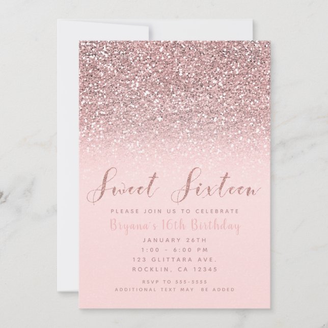 Pink Rose Gold Glitter Sparkle Sweet 16 Party Invitation (Front)