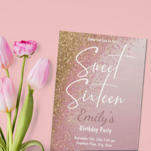 Pink Rose Gold Glitter Sweet Sixteen Party Invitation