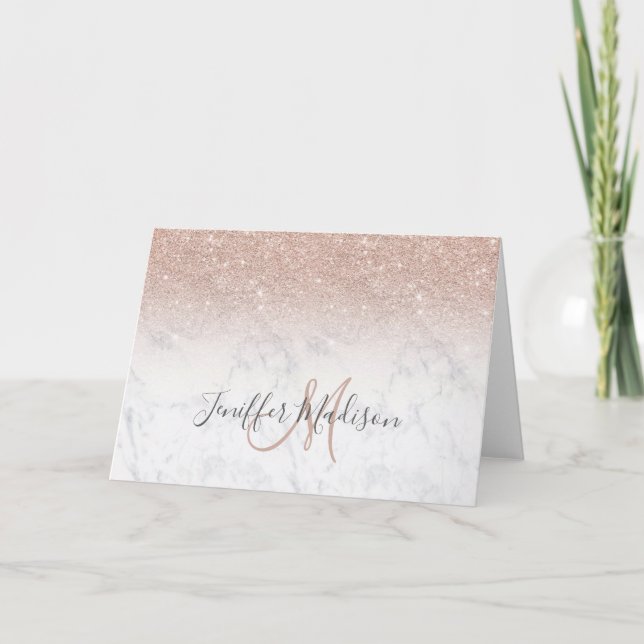 Pink rose gold glitter white marble Personalised   Card (Front)