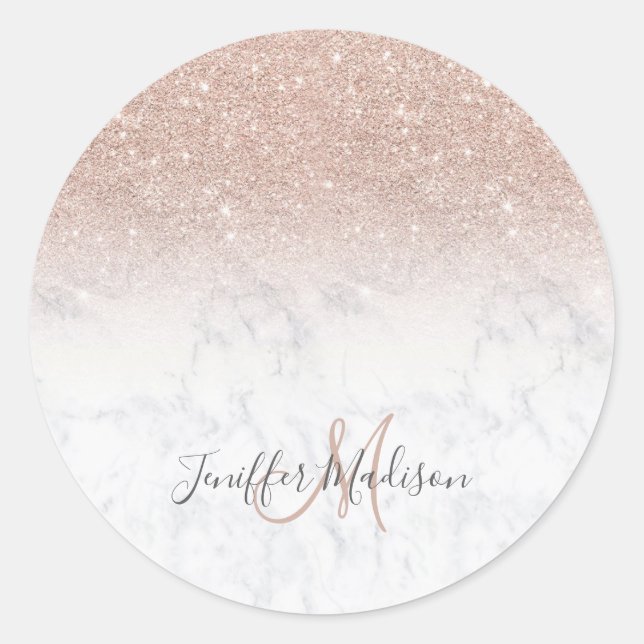 Pink rose gold glitter white marble Personalised   Classic Round Sticker (Front)