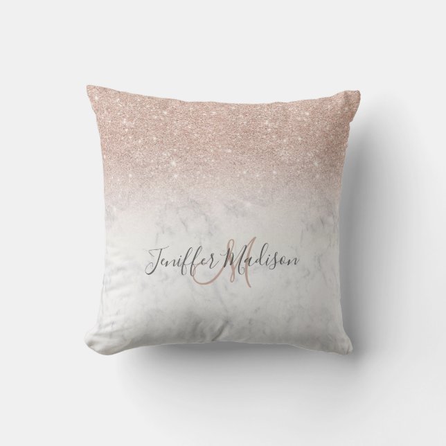 Pink rose gold glitter white marble Personalised   Cushion (Front)