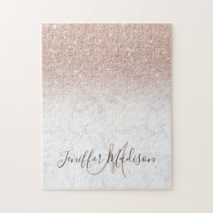 Pink rose gold glitter white marble Personalised Jigsaw Puzzle
