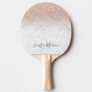 Pink rose gold glitter white marble Personalised   Ping Pong Paddle