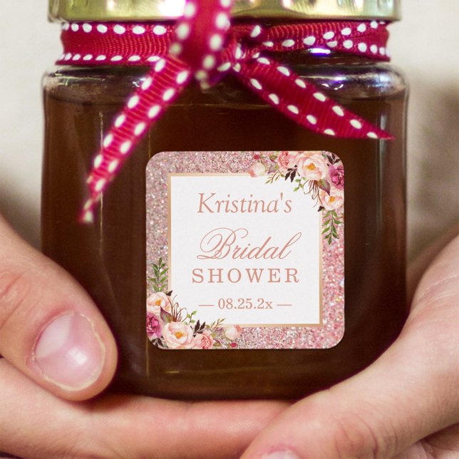 Pink Rose Gold Glitters Floral Bridal Shower Favou Square Sticker (Creator Uploaded)