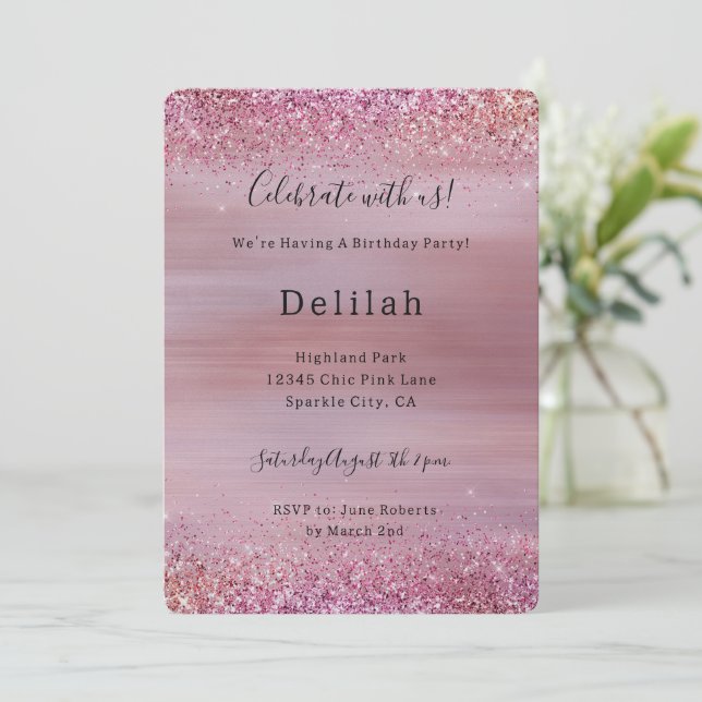 Pink Rose Gold Glitzy Glitter Birthday Invitation (Standing Front)