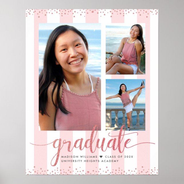 Pink Rose Gold Graduation 3 Photo Glitter Script Poster (Front)