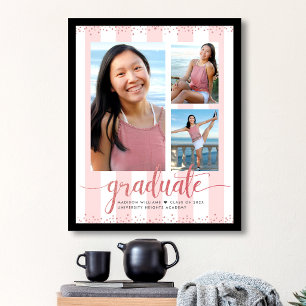 Pink Rose Gold Graduation 3 Photo Glitter Script Poster