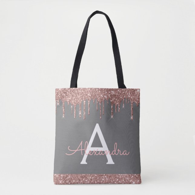 Pink Rose Gold Grey Glitter Elegant Monogram Tote Bag (Front)