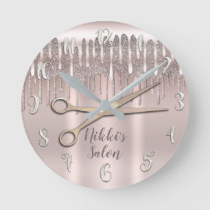Pink Rose Gold Hair Stylist Diamond Glitter Drip Round Clock