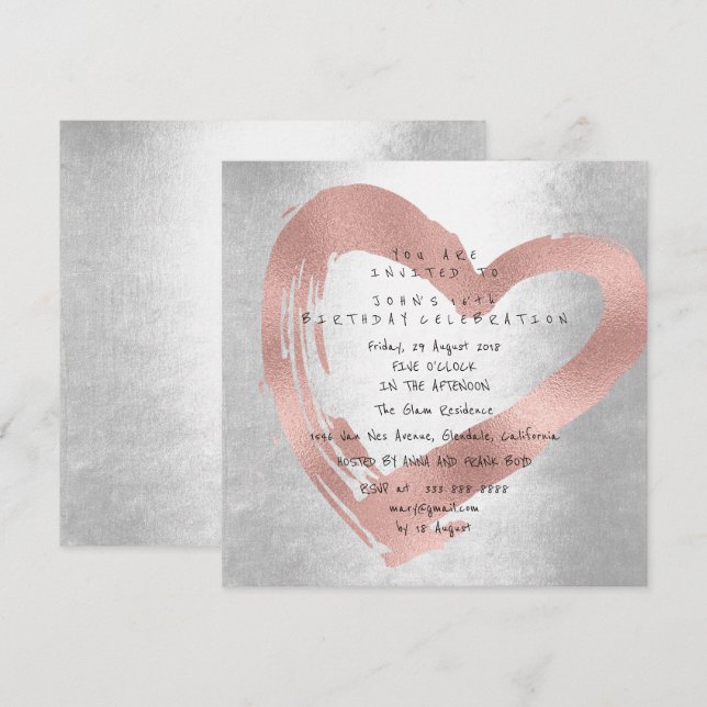 Pink Rose Gold Heart Silver Birthday Party Invitation (Front/Back)