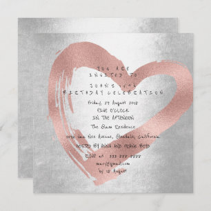 Pink Rose Gold Heart Silver Birthday Party Invitation