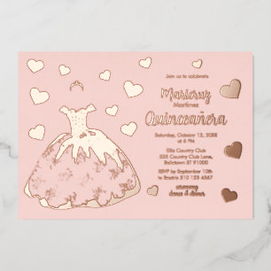 Pink Rose Gold Hearts Quinceañera Invitation