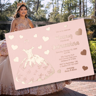 Pink Rose Gold Hearts Quinceañera Invitation