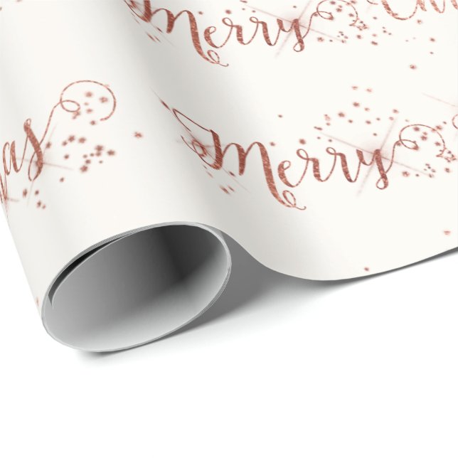 Pink Rose Gold Ivory White  Merry Christmas Script Wrapping Paper (Roll Corner)