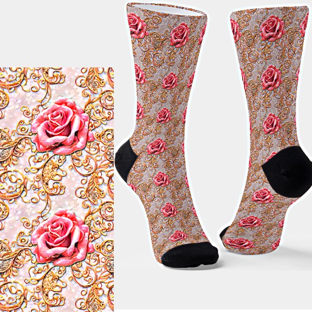 Pink Rose Gold Lace Filigree Roses Socks (Creator Uploaded)