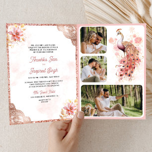 Pink Rose Gold Lace Floral Indian Peacock Wedding Invitation