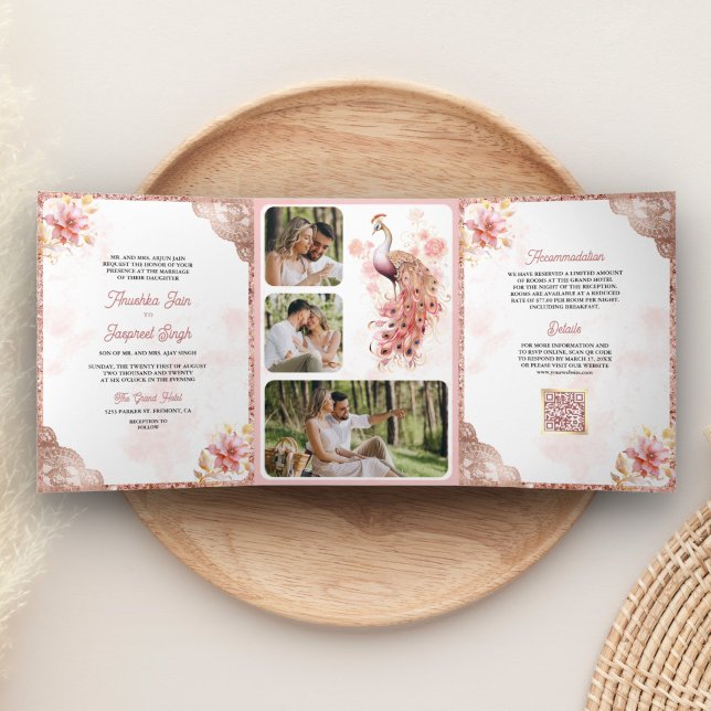 Pink Rose Gold Lace Floral Indian Peacock Wedding Tri-Fold Invitation (Creator Uploaded)