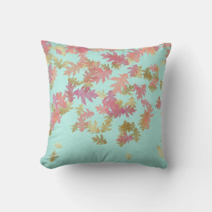 Pink Rose Gold Leafs Mint Green Ivory Linen Cushion