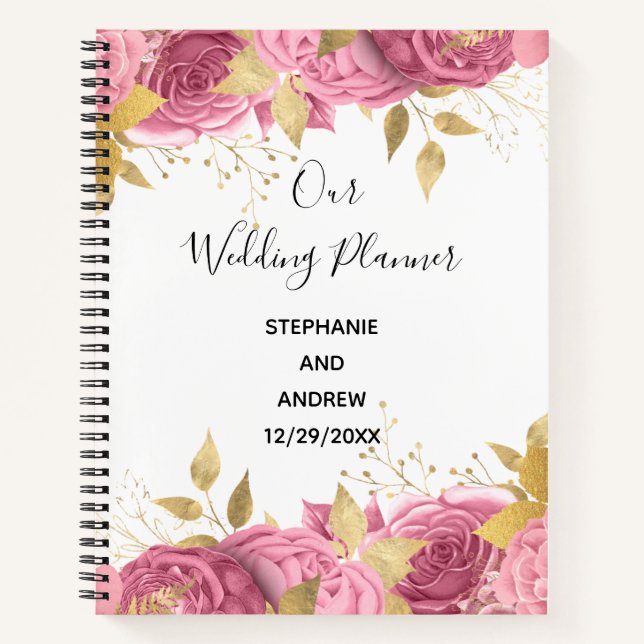 Pink Rose Gold Leaves Elegant Wedding Plans  Notebook (Front)
