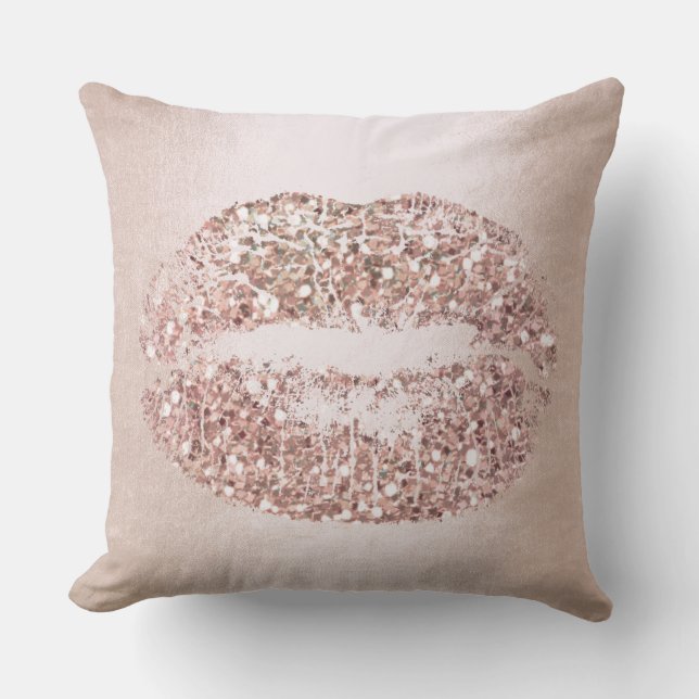 Pink Rose Gold Lips Glitter Blush Makeup Kiss Cushion (Front)