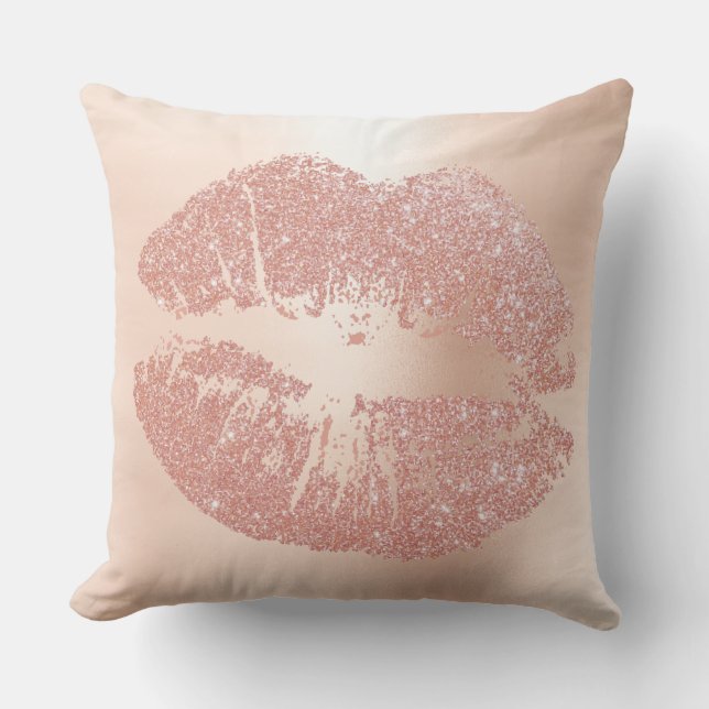 Pink Rose Gold Lips Glitter Blush Sparkly Kiss Lux Cushion (Front)