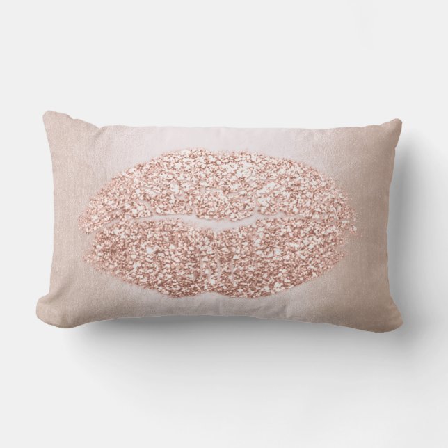Pink Rose Gold Lips Glitter Girly Makeup Kiss Lumbar Cushion (Front)