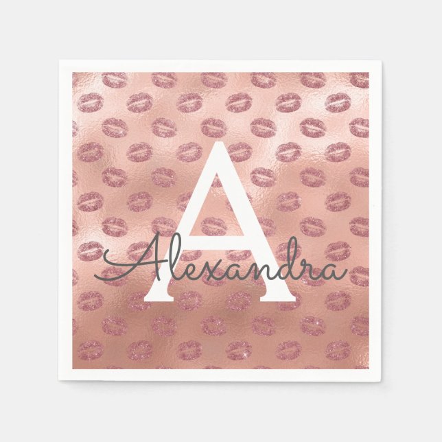Pink Rose Gold Lipstick Kisses Monogram Birthday Napkin (Front)