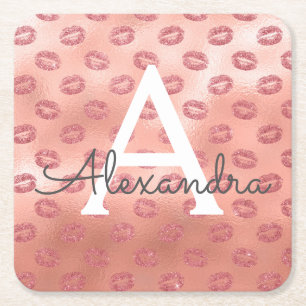 Pink Rose Gold Lipstick Kisses Monogram Birthday Square Paper Coaster