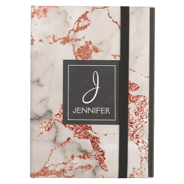 Pink Rose Gold Marble Elegant Monogram Cover For iPad Air (Front Closed)