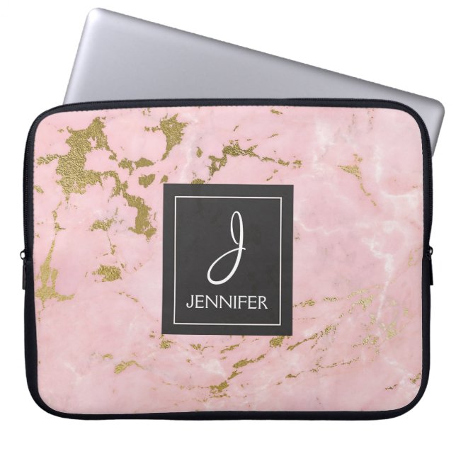 Pink Rose Gold Marble Elegant Monogram Laptop Sleeve (Front)