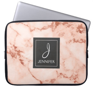 Pink Rose Gold Marble Elegant Monogram Laptop Sleeve