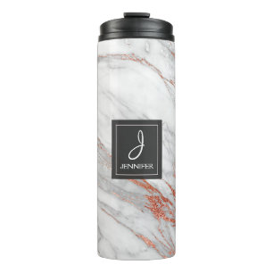Pink Rose Gold Marble Elegant Monogram Thermal Tumbler