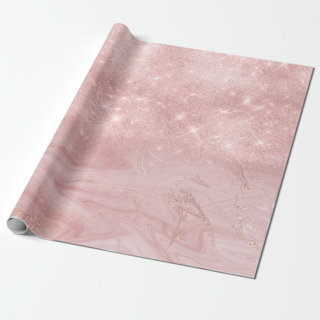 Pink Rose Gold Marble Glitter Spark Ombre Wrapping Paper (Unrolled)