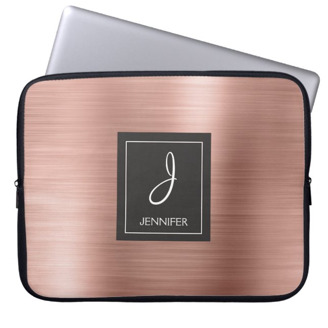 Pink Rose Gold Metal Elegant Monogram Laptop Sleeve (Front)
