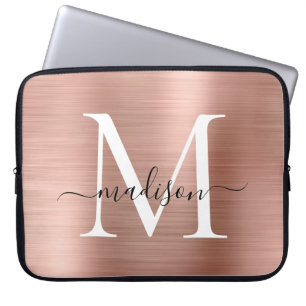 Pink Rose Gold Metal Girly Cute Script Monogram Laptop Sleeve